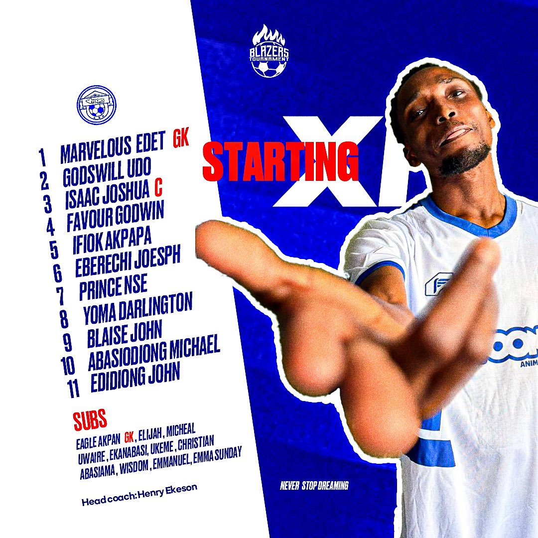 Our STARTING LINEUP for today is here. 

4 changes from our win in matchday 1, Ifiok akpapa starts in defense, Favour comes in for Ekanabasi, Nse gets his first start of this year Blazers and Blaise is our main striker.

#Vtoonsfootballclub
#neverstopdreaming
#blazerstournament