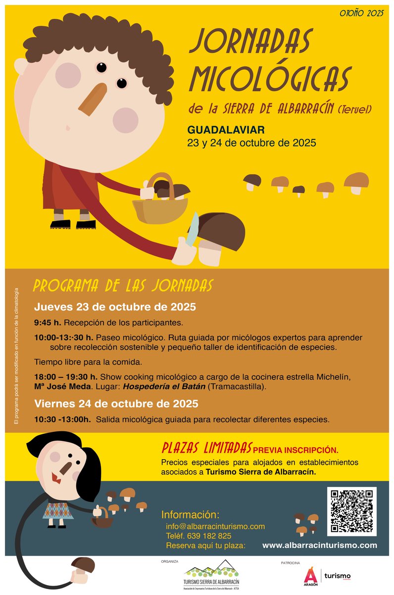 🍁 Micología, sabores y sostenibilidad: un otoño para disfrutar en la Sierra de Albarracín
🍄‍Anota la fecha: 23 y 24 de octubre  en Guadalaviar Jornadas Micológicas de Otoño 🍂 cita imprescindible para quienes aman las setas, la naturaleza y 👩🏻‍🍳 la cocina 
albarracinturismo.com/eventos/activi…