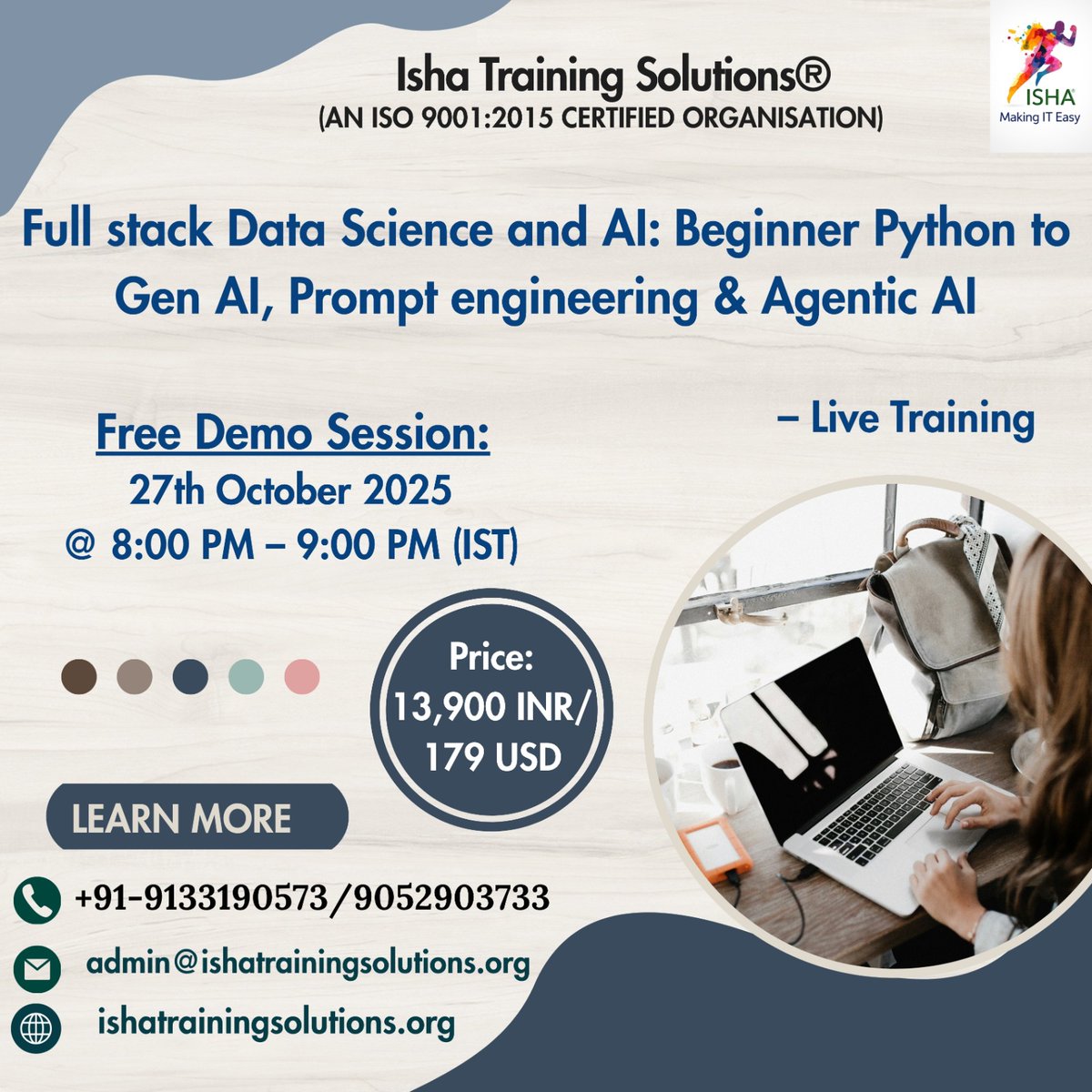 IshaKumargupta's tweet image. Isha Training Solutions presents “Full Stack Data Science " - Live Training
Free Demo On :
27th Oct @ 8:00 PM(IST)
27th Oct @ 10:30 AM(EST)
For Registration
docs.google.com/forms/d/e/1FAI…
WhatsApp @ +91-91331 90573
ishatrainingsolutions.org/full-stack-dat…
#FullStackDataScience