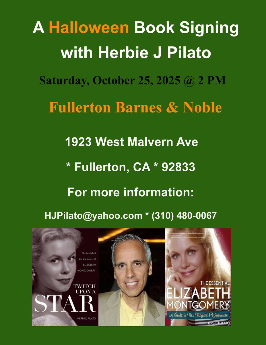 HerbieJPilato's tweet image. Fullerton Barnes &amp;amp; Noble - Saturday, October 25th @ 2 PM
#barnesandnoble #Bewitched #ElizabethMontgomery #books #author #authorlife #liveevents #retro #nostalgia