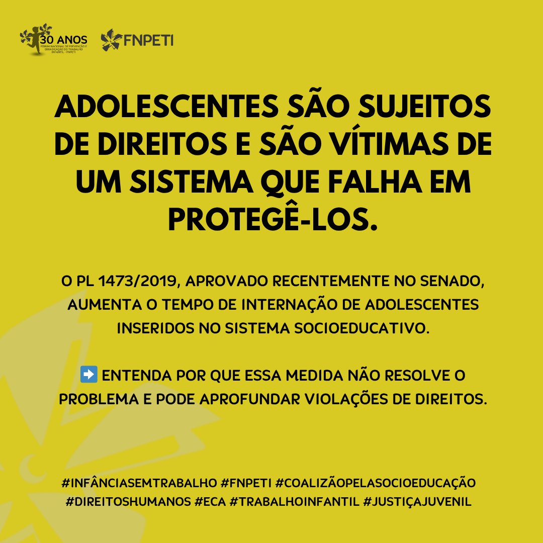 O PL 1473/2019 propõe o aumento do tempo de internação de adolescentes. Essa medida, baseada na lógica da punição, ignora que muitos adolescentes foram vítimas de violências estruturais e do trabalho infantil, incluindo o tráfico de drogas. Mais em: instagram.com/p/DP3vFaWkQR6/…