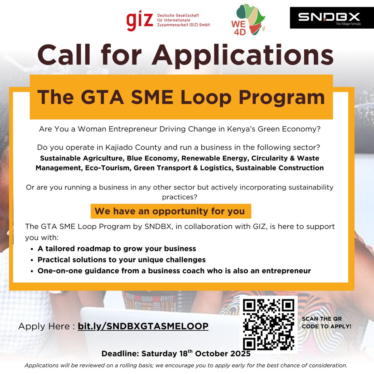 𝗪𝗼𝗺𝗲𝗻 𝗘𝗻𝘁𝗿𝗲𝗽𝗿𝗲𝗻𝗲𝘂𝗿𝘀 𝗶𝗻 𝗞𝗮𝗷𝗶𝗮𝗱𝗼 💚

The GTA SME Loop Program is helping women-led businesses grow sustainably ; without losing their vision.

🌍 Operate in Kajiado?
🌿 Run a green or sustainability-focused business?

Apply Here  bit.ly/SNDBXGTASMELOOP