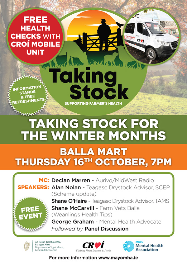 Come along TONIGHT for a free event as part of the Taking Stock Campaign in Balla Mart kicking off at 7pm. There will be local Advisory staff in attendance along with staff from <a href="/mayomha/">Mayo Mental Health Association</a> <a href="/CroiHeartStroke/">Croí Heart & Stroke</a> <a href="/HSELive/">HSE Ireland</a> <a href="/AurivoFarmProf/">AurivoFarmProfit</a> <a href="/agriculture_ie/">Dept of Agriculture, Food and the Marine</a> and FarmVets Balla. All welcome.