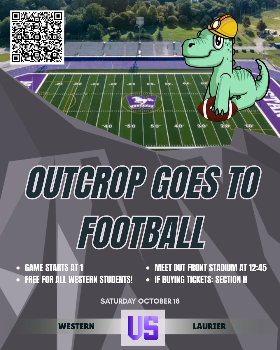 Join the Outcrop Club for Game Day!

Western Mustangs vs Laurier Golden Hawks

Get your tickets here …mustangstickets.universitytickets.com/?cid=208
Meet: In front of the stadium
Time: 12:45 PM, Saturday Oct 18

See attached poster for details
