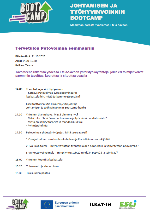 Petovoimaa! ti 21.10. klo 14 - 15:30. Ilm. 17.10. menn.: forms.office.com/e/D5FdjRebjq. Lue uutinen: ely-keskus.fi/web/hyva-tyoel… #HyvätyöelämäES #TYÖ2030 #Petovoimaa