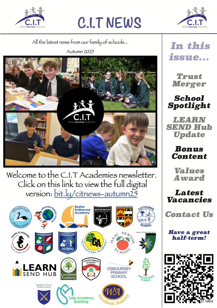 CITacademies's tweet image. 𝐂𝐈𝐓 𝐍𝐞𝐰𝐬 - 𝐀𝐮𝐭𝐮𝐦𝐧 𝟐𝟎𝟐𝟓
Take a look at the latest edition of the CIT News, packed full of updates from across our schools: bit.ly/citnews-autumn…
#schoolnews #edutwitter #ukedchat #eastmidlands #schools