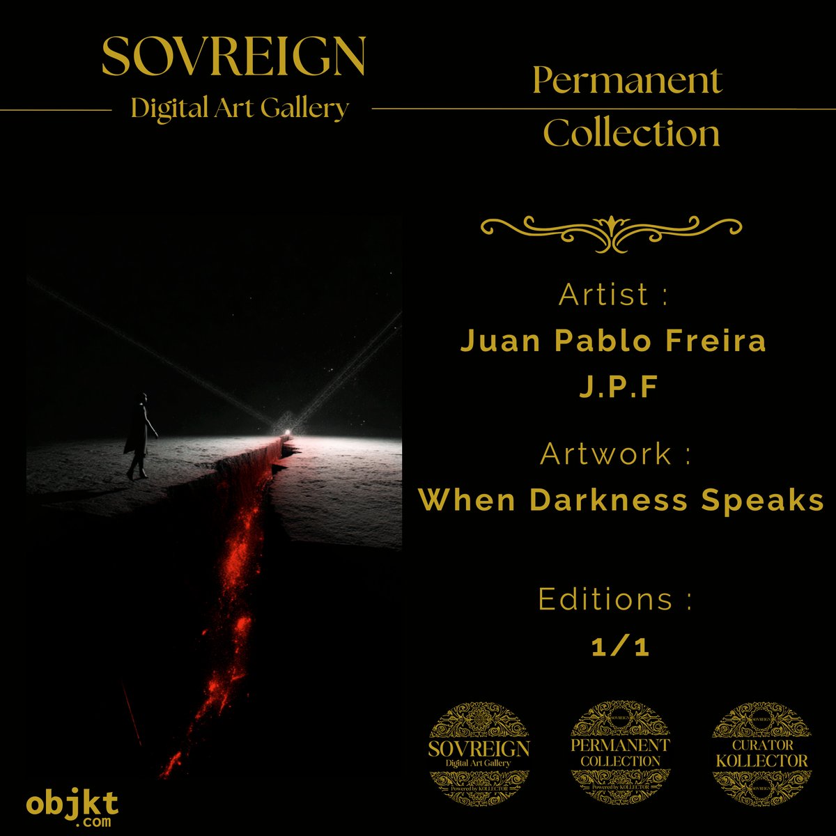 KOLLECTOR ♚ OFFICIAL (@kollector_og) on Twitter photo Artwork : When Darkness Speaks
Artist : <a href="/jpfreira/">J.P.F</a> 
Edt : 1/1  
Price : 100 tez  
_____________________    
Artwork link Permanent Collection : objkt.com/tokens/KT1FYCp… Artwork : When Darkness Speaks
Artist : <a href="/jpfreira/">J.P.F</a> 
Edt : 1/1  
Price : 100 tez  
_____________________    
Artwork link Permanent Collection : objkt.com/tokens/KT1FYCp…