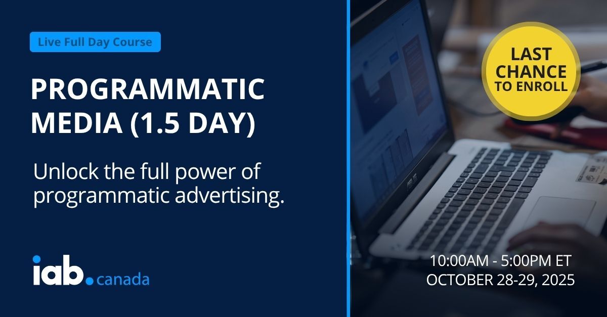 iabcanada's tweet image. In IAB Canada's Programmatic Media, we'll cover:
- How programmatic buying works
- Key players in the ecosystem
- Targeting, optimization, and measurement

Register now: hubs.ly/Q03Mpxyj0

#IABCanada #ProgrammaticMedia #DigitalMarketing #ProfessionalDevelopment