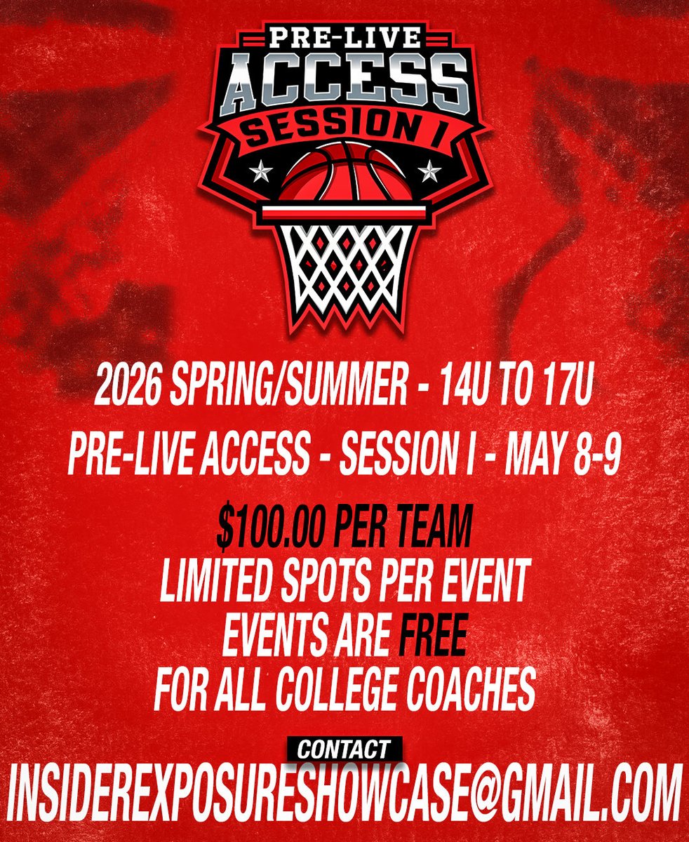 🚨 𝗣𝗿𝗲-𝗟𝗶𝘃𝗲 𝗔𝗰𝗰𝗲𝘀𝘀 | 𝗦𝗲𝘀𝘀𝗶𝗼𝗻 𝗜 🚨

📍 | Knoxville, TN
📆 | May 8–9
🎯 | Round-Robin Style Showcase
🏀 | 14U • 15U • 16U • 17U
💥 | Perfect Tune-Up for Upcoming Live Events
🎟 | Free for College Coaches

🔗 | Link to Register Below
form.jotform.com/252835348896070