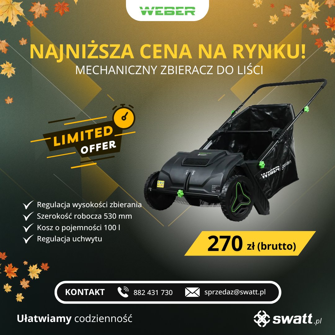 Swatt_pl's tweet photo. 🍂 Mechaniczny zbieracz do liści Weber – teraz w NAJNIŻSZEJ CENIE na rynku! 🍂

Szybkie i łatwe sprzątanie ogrodu jeszcze nigdy nie było takie proste. Nasz zbieracz to niezastąpione narzędzie na jesień!

https://t.co/tCFYyR9jDw https://t.co/8WU6B0yuyd