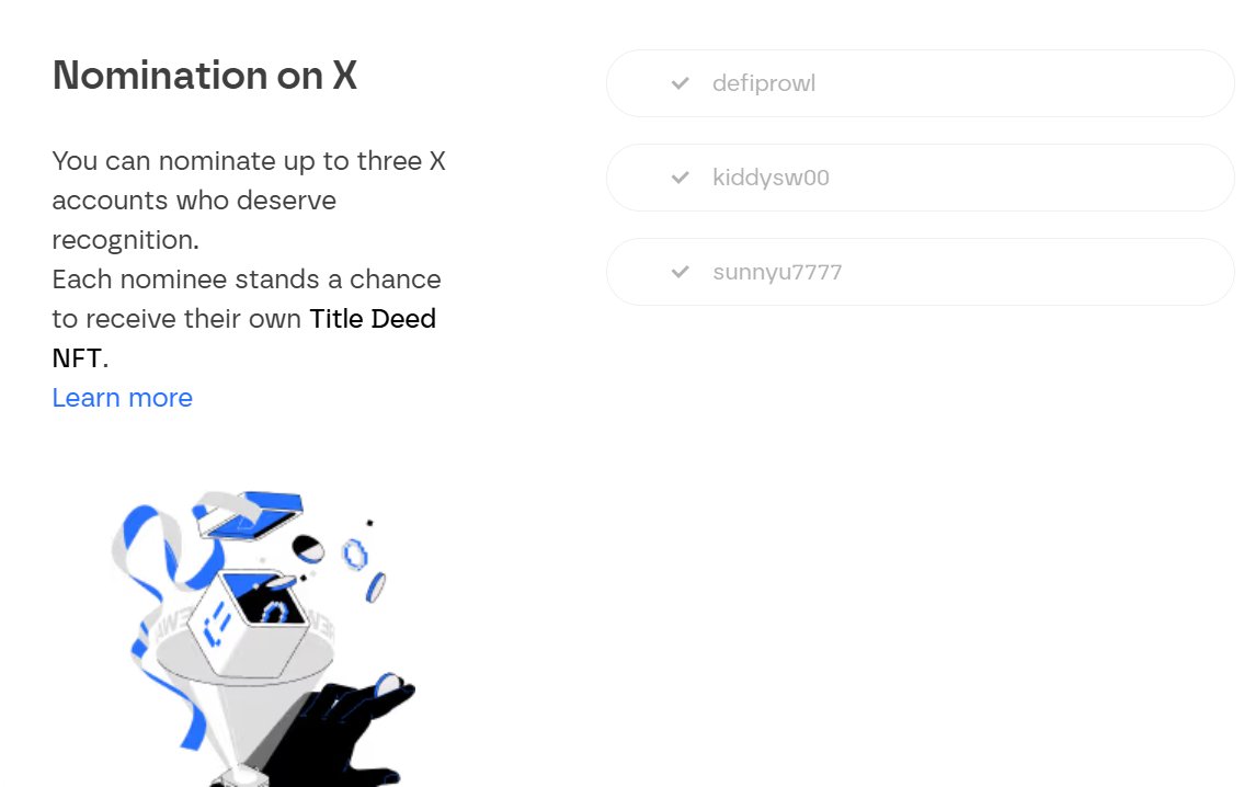 NewPaguinfo's tweet image. Momentum 세분 선정하여 Nominate 하였습니다.

@DefiProwl 
@kiddysw00 
@sunnyu7777 

다시 한번 말씀 드리지만,
Nominate 되었다고 무조건 Title Deed NFT 를 받을 수 있는 것은 아니며,
아마도 트위터의 MMT 관련 활동과
Tier 를 같이 평가하지 않을까 싶습니다.

잘 되었으면 좋겠습니다.