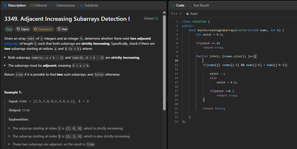 MartianDev01's tweet image. Day: 47/100
>Arrays : Adjacent Increasing Subarrays Detection I
#100DaysOfCode #DSA #CodingChallenge
#letsconnect #LearnInPublic #ProblemSolving #100daysofcoding #CodingJourney #LeetCode #CONNECT