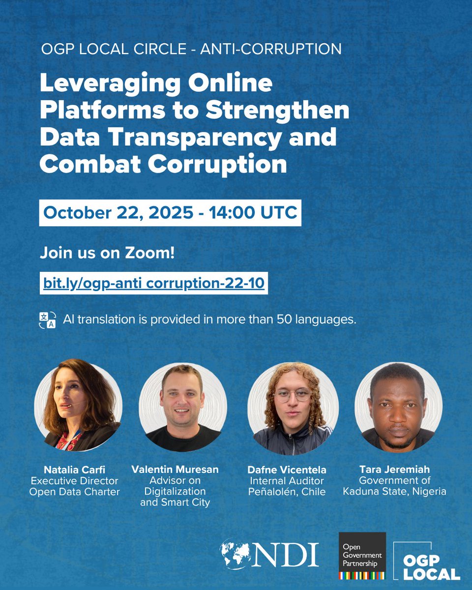 🌍 How can local governments use online platforms to fight corruption and increase transparency?

Join us on Oct 22 for the #OGPLocal Anti-Corruption Learning Circle in partnership with <a href="/NDI/">National Democratic Institute</a> to learn how #opendata &amp; dashboards help prevent corruption. 

bit.ly/ogp-anticorrup…