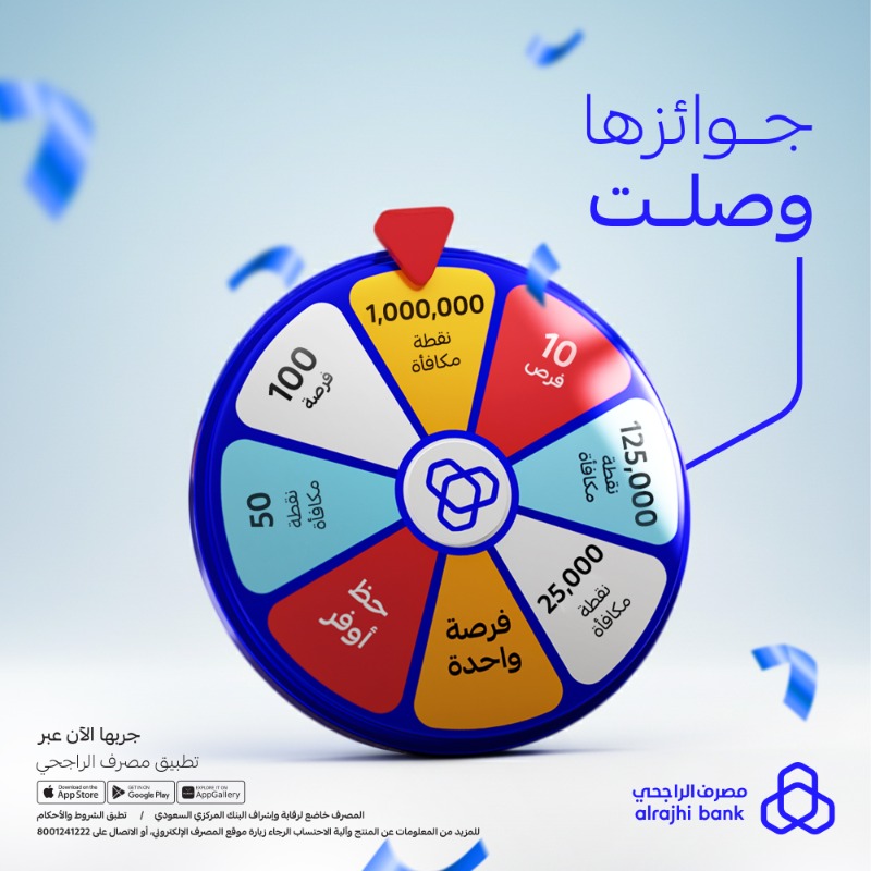 alrajhibank's tweet photo. جوائزها تعجبك 🎡
جرّب حظك مع "عجلة المليون" للفوز بجوائز متنوعة من تطبيق #مصرف_الراجحي 📲💙