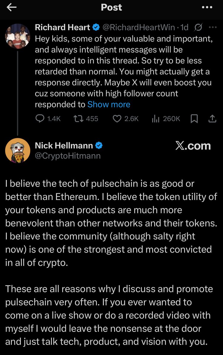 PashaChain's tweet image. If there ever was an endorsement the #PulseChain community was seeking of #PTGC that @RichardHeartWin confirmed to, it should be the @CryptoHitmann Reply and Respond.

@CryptoHitmann is not only a solid fundemental supporter and stakeholder of #PTGC but also takes it to the…