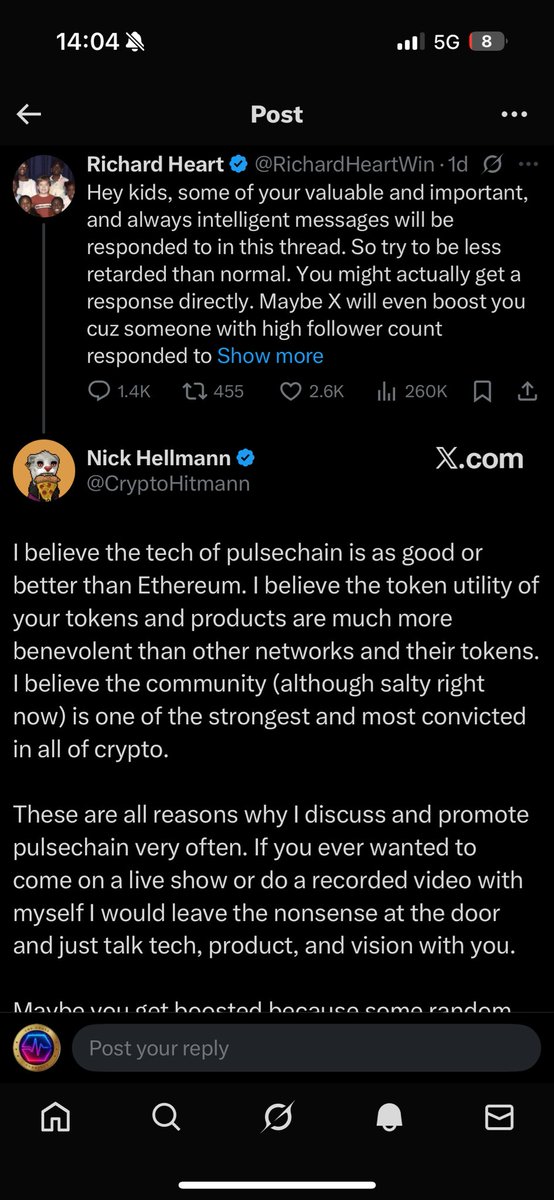 PashaChain's tweet image. If there ever was an endorsement the #PulseChain community was seeking of #PTGC that @RichardHeartWin confirmed to, it should be the @CryptoHitmann Reply and Respond.

@CryptoHitmann is not only a solid fundemental supporter and stakeholder of #PTGC but also takes it to the…