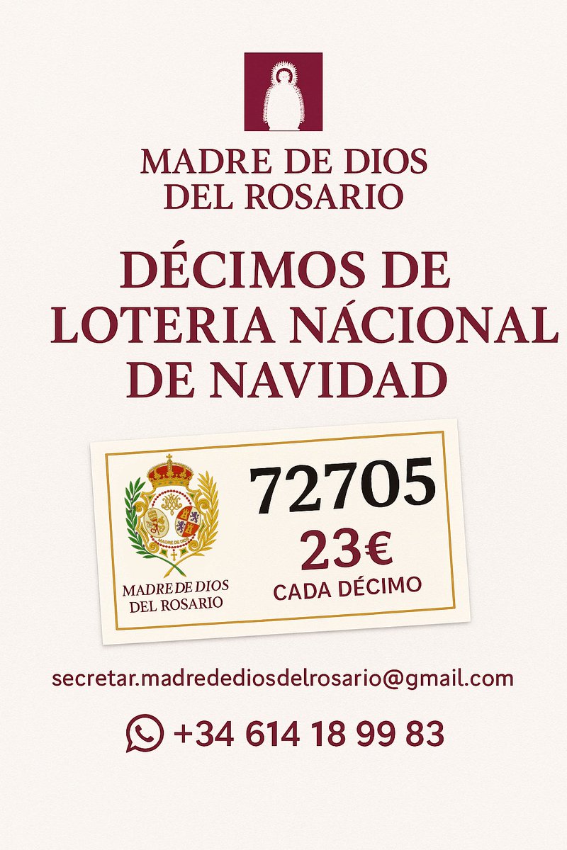 🎄✨ ¡Ya tenemos la Lotería de Navidad de nuestra Hermandad! ✨🎄
Número 72705 🍀
No te quedes sin tu décimo y colabora con nosotros en estas fechas tan especiales.

💶 Precio: 23 € el décimo

#LoteríaDeNavidad #Hermandad #Suerte