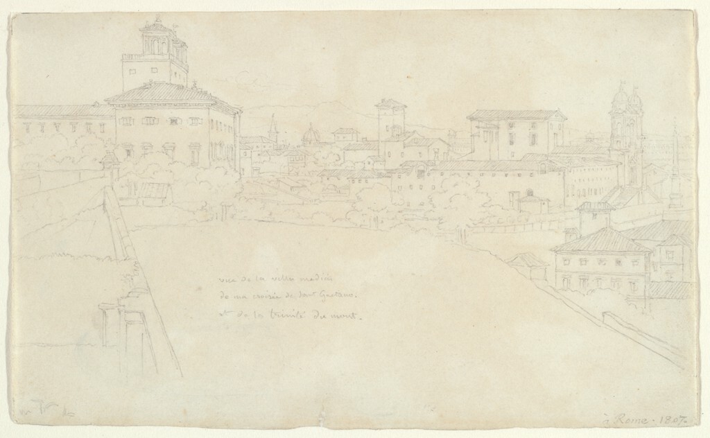 View of the Villa Medici, Rome; verso: Sketches of a basin and the capital and base of a column harvardartmuseums.org/collections/ob…