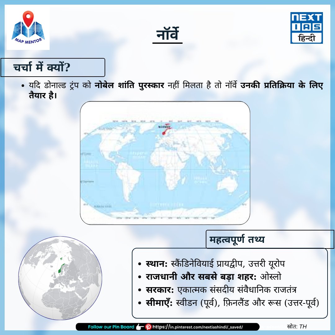 NEXTIAS_HINDI's tweet image. 🌍𝗠𝗮𝗽 𝗠𝗲𝗻𝘁𝗼𝗿 - नॉर्वे

🛑यदि डोनाल्ड ट्रंप को नोबेल शांति पुरस्कार नहीं मिलता है तो नॉर्वे उनकी प्रतिक्रिया के लिए तैयार है।
📍स्थान: स्कैंडिनेवियाई प्रायद्वीप, उत्तरी यूरोप

#NextIASHindi #Prelims2025 #Mapmentor #keylocations #oslo #norway #scandinavianpeninsula #Trump