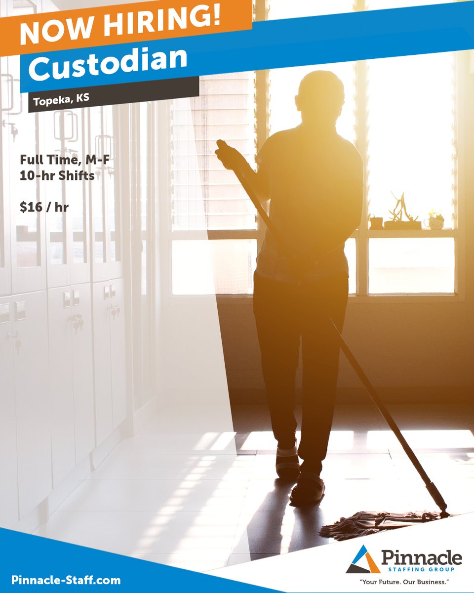 pinnaclegroups's tweet image. We're looking for a Custodian in the Topeka area. Apply today!

indeed.com/job/custodian-…

#TopekaJobs #CustodianJobs #CustodialJobs #JanitorialJobs #JanitorJobs #ApplyNow #NowHiring #Hiring