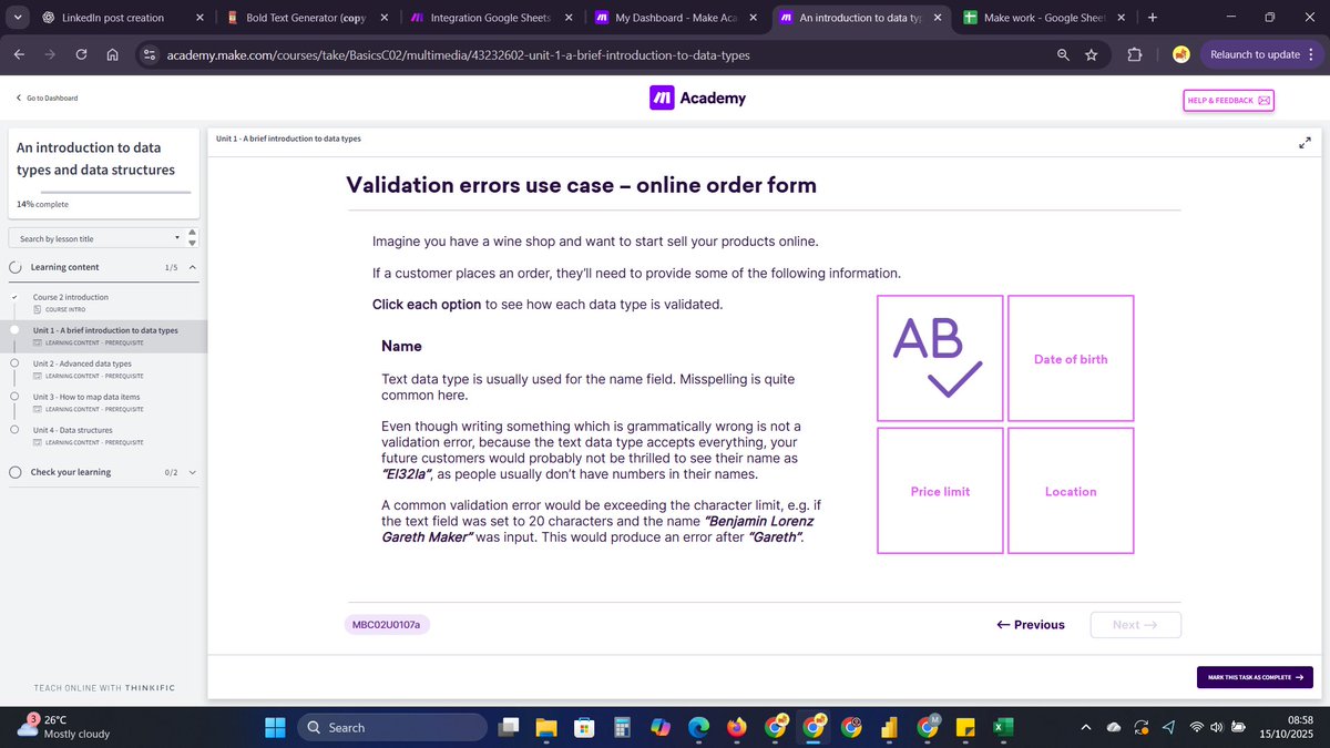 moyin_06's tweet image. Today on Make Academy, I learned about data types and structures, and how to transform data using functions.
As a data analyst, I already understand data types, structures, and functions, but seeing how they come in handy on Make has been fascinating.