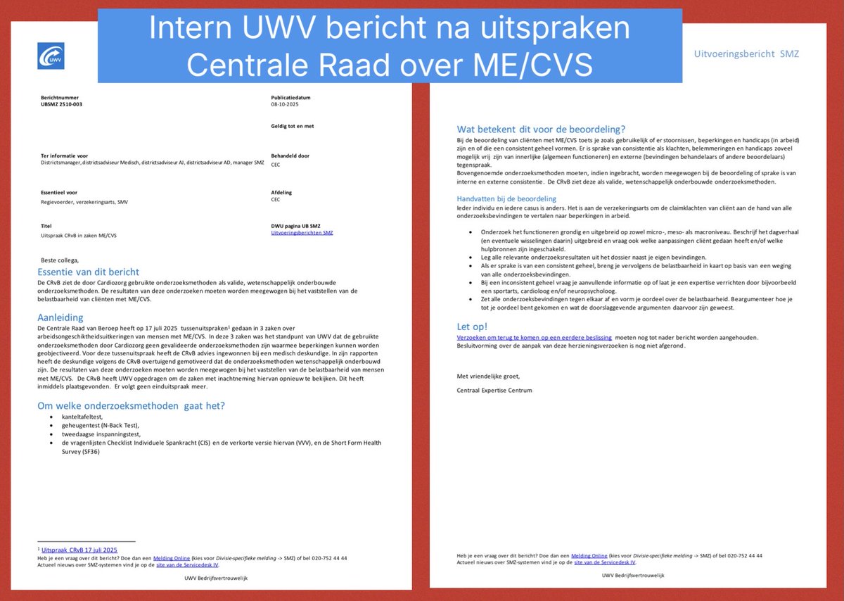 🟦 NIEUW! 🟥 FOLLOW-UP UWV VAN DE CENTRALE RAAD UITSPRAKEN OVER ME/CVS 

🔲 iets om breed te verspreiden… 

🔲 over de uitspraken waarin de Raad het UWV opdroeg 3 ME/CVS zaken opnieuw te beoordelen en de resultaten van onderzoeken van Cardiozorg daarin nadrukkelijk te betrekken