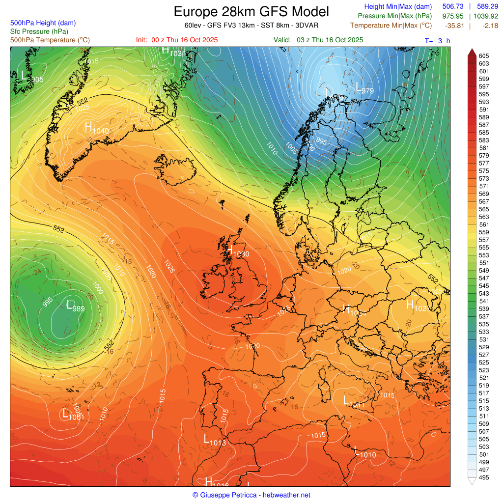 gmrpetricca's tweet photo. Quite the difference in just five days from this morning's GFS 00z.

We can see the anticyclone bridging over the Atlantic towards Greenland, and then being replaced by a low, bringing rainy weather back to us.

A colder air mass can be seen at higher latitudes, but the forecast uncertainties become too numerous at this point in time to provide a precise output for what happens after.

We can only say that the overall outlook points towards a colder end of the month/start of November, but how much, and if it will be realised in the first place, remains to be seen.