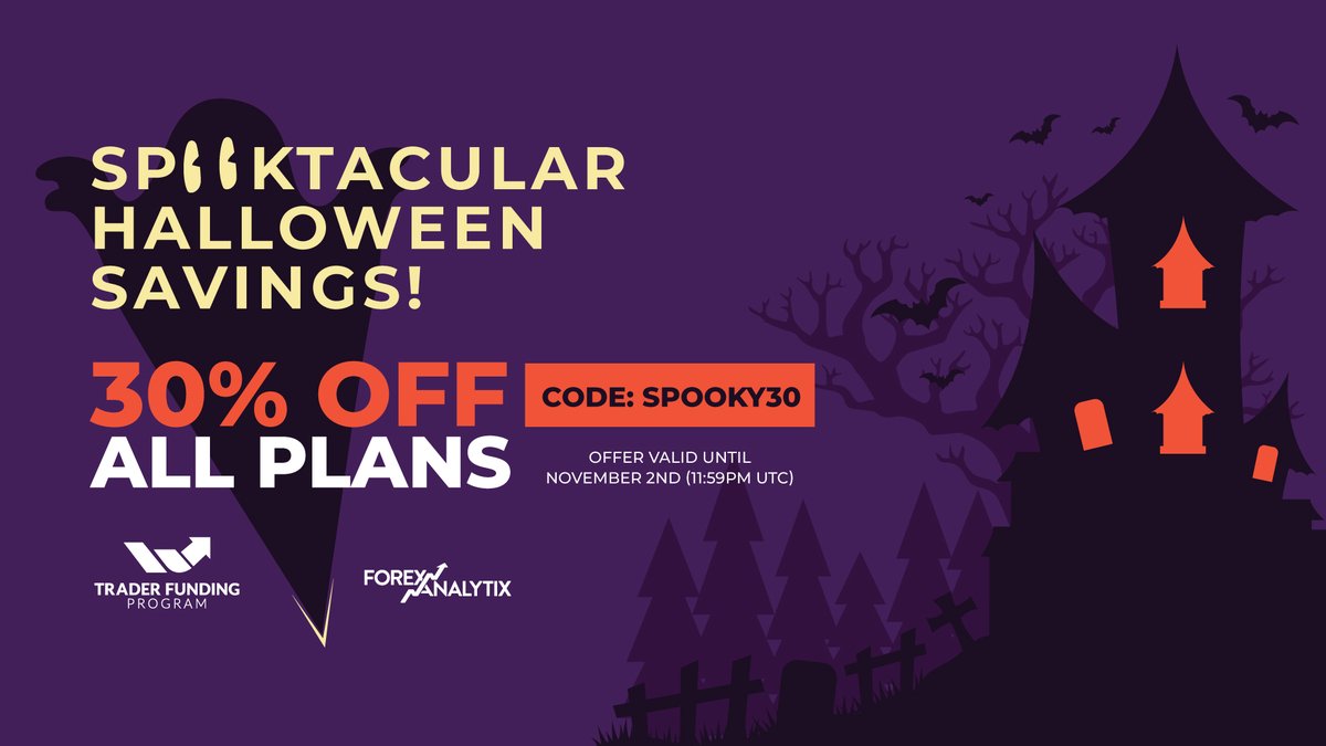 trader_funding's tweet photo. "Spooktacular" Halloween Discount!
Use code "SPOOKY30" and get 30% off ALL plans!
Offer valid 18th October - 2nd November (11:59pm UTC)
Join here: https://t.co/mGuPW9iUBw
Watch more here: https://t.co/iPmFA38srm
#Trading #FundedTrader #TraderFundingProgram #Offer #Discount https://t.co/PapzYYlRzG