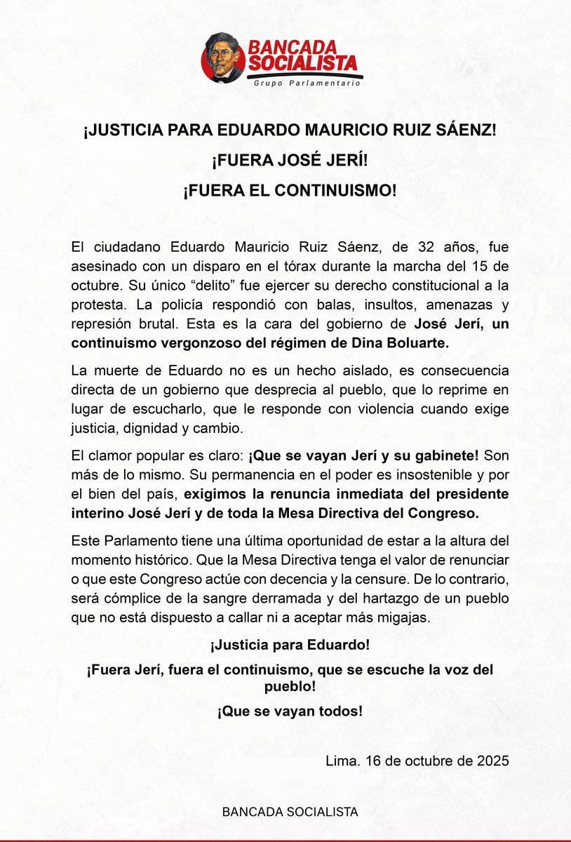 Exigimos justicia por el asesinato de Eduardo Ruiz. ¡Fuera el continuismo!