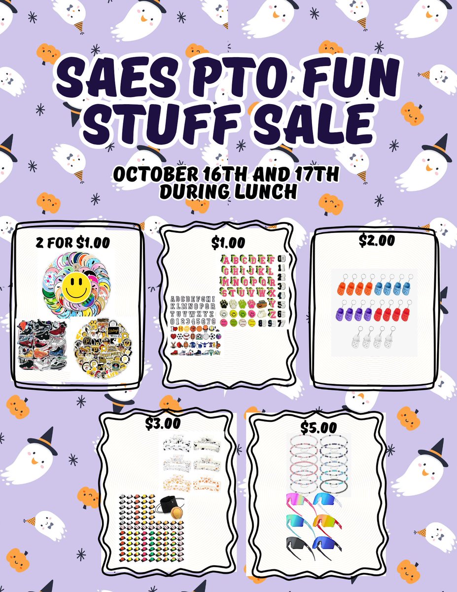 SAESTitans's tweet image. Some upcoming PTO Events!
🎉Fun Stuff Sale during lunches today &amp;amp; tomorrow!
🎟️Principal for a Day Raffle!
🍿 November PTO Movie Night!