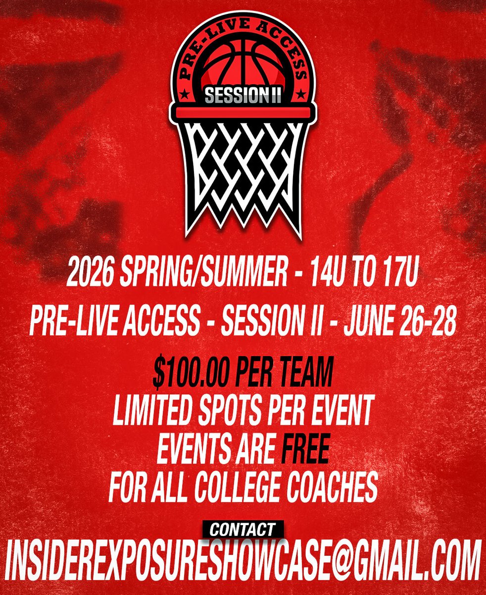 🚨 𝗣𝗿𝗲-𝗟𝗶𝘃𝗲 𝗔𝗰𝗰𝗲𝘀𝘀 | 𝗦𝗲𝘀𝘀𝗶𝗼𝗻 𝗜𝗜 🚨

📍 | Knoxville, TN
📆 | June 26-28
🎯 | Round-Robin Style Showcase
🏀 | 14U • 15U • 16U • 17U
💥 | Perfect Tune-Up for Upcoming Live Events
🎟 | Free for College Coaches

🔗 | Link to Register
form.jotform.com/252835460230047