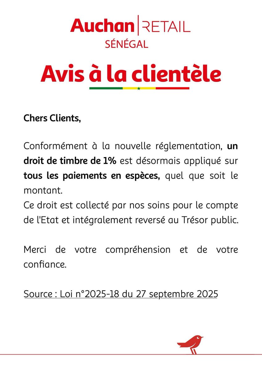 Noo_IDcard's tweet photo. ‼️ Application de la nouvelle loi n° 2025-17 du 27 septembre 2025
modifiant la loi n° 2012-31 du 31 décembre 2012 portant Code général des Impôts : 

Auchan appliqué un droit de timbre de 1% sur le paiement en espèce https://t.co/iaHRZ5IfVN