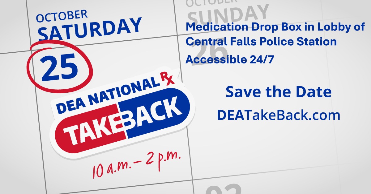 Join us for National Prescription Drug #TakeBackDay on Friday, October 25th, between 10am and 2pm! Discover collection site locations at DEATakeBack.com.