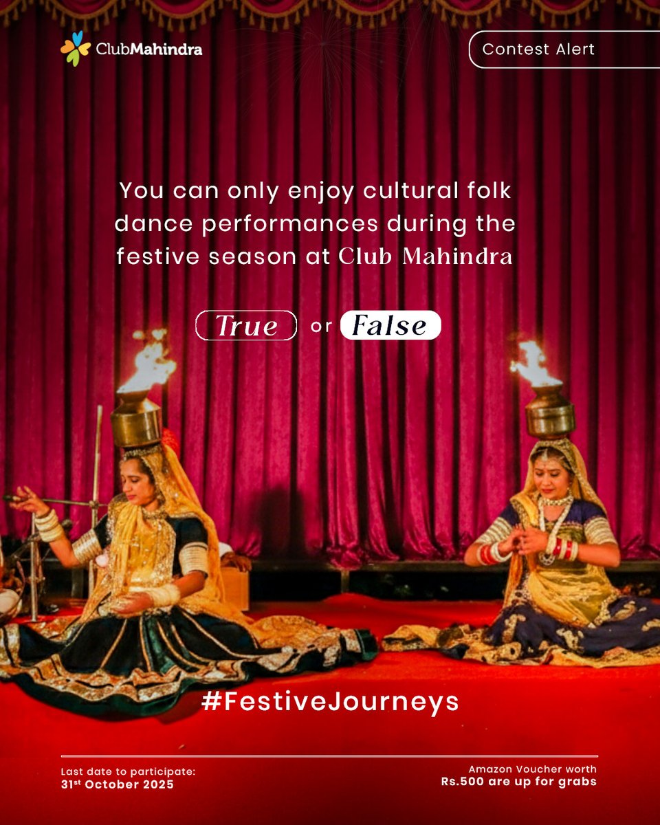 clubmahindra's tweet image. 🎉 #ContestAlert - Day 5 of 17
#FestiveJourneys with #ClubMahindra 🎉
Get ready to celebrate this festive season with 17 exciting contests and a chance to win Amazon vouchers worth ₹500 each!
🪔 How to Participate:
1️⃣ Comment below with your answer using #FestiveJourneys and…