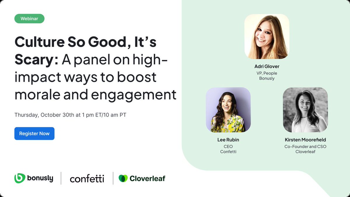 Culture doesn’t have to be spooky 👻

Join <a href="/ThisIsKirstenM/">Kirsten Moorefield</a>, Co-Founder of Cloverleaf, alongside <a href="/bonusly/">Bonusly</a> and <a href="/withconfetti/">Confetti</a>, for a live conversation on how to build “Culture So Good, It’s Scary.”

bonusly.com/webinars/cultu…