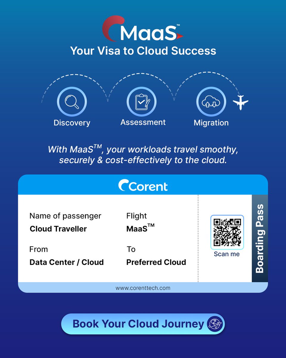 CorentTech's tweet image. ✈️ Ready to board your flight to the cloud?
With Corent MaaS™, migrate smarter, faster, and securely - no turbulence, just transformation.
Start Your Cloud Takeoff: corenttech.com/images/feedbac…
#CloudJourney #MaaS #CloudMigration #DigitalTransformation #CloudModernization