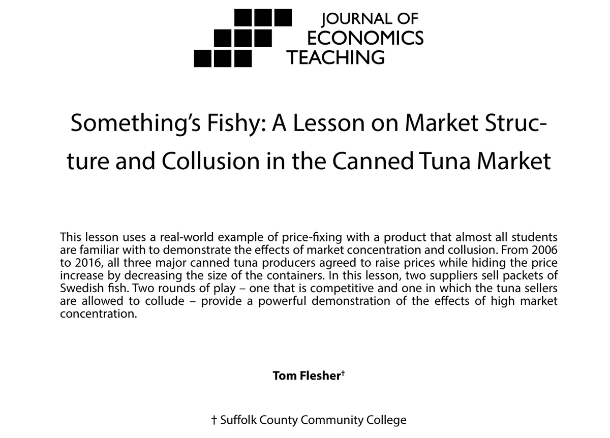 From canned tuna to Swedish Fish, this activity by Tom Flesher (<a href="/tomflesher/">Tom Flesher</a>) teaches students how collusion &amp; market power affect prices.

Based on a real price-fixing case, it’s a fun way to teach market structure.

Available now in Online First: journalofeconomicsteaching.org/somethings-fis…