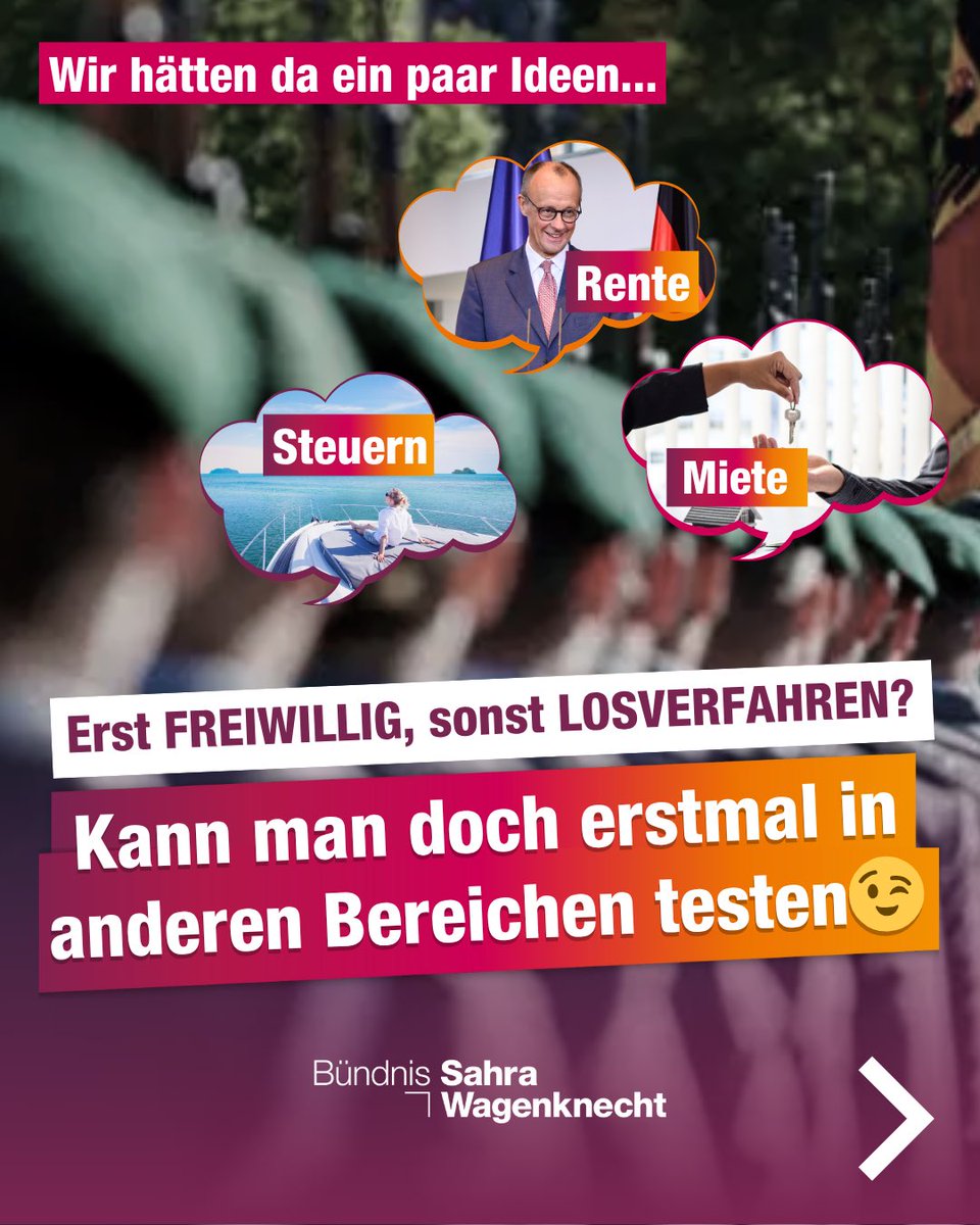 Die Vorschläge zum Wehrdienst werden immer absurder: Jetzt ist sogar ein Losverfahren im Gespräch, falls die Regierung nicht genügend Freiwillige findet. Das BSW lehnt die Wehrpflicht konsequent ab!

Aber das Prinzip "Erst freiwillig, dann losen" hat uns auf Ideen gebracht! Hier