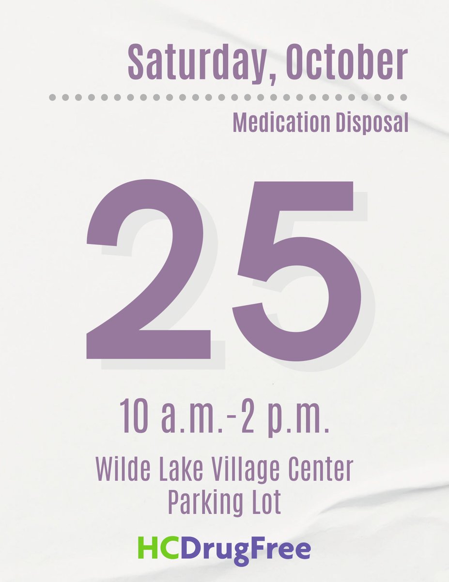 🚭💊 National Prescription Drug Take-Back Day is your chance to safely dispose of unused or expired medications — including vapes and e-cigs.

Drop off at the Wilde Lake Village Center parking lot

When: October 25, 2025
⏰ 10 a.m. – 2 p.m.

Learn more ➡️ hcdrugfree.org/drug-take-back…