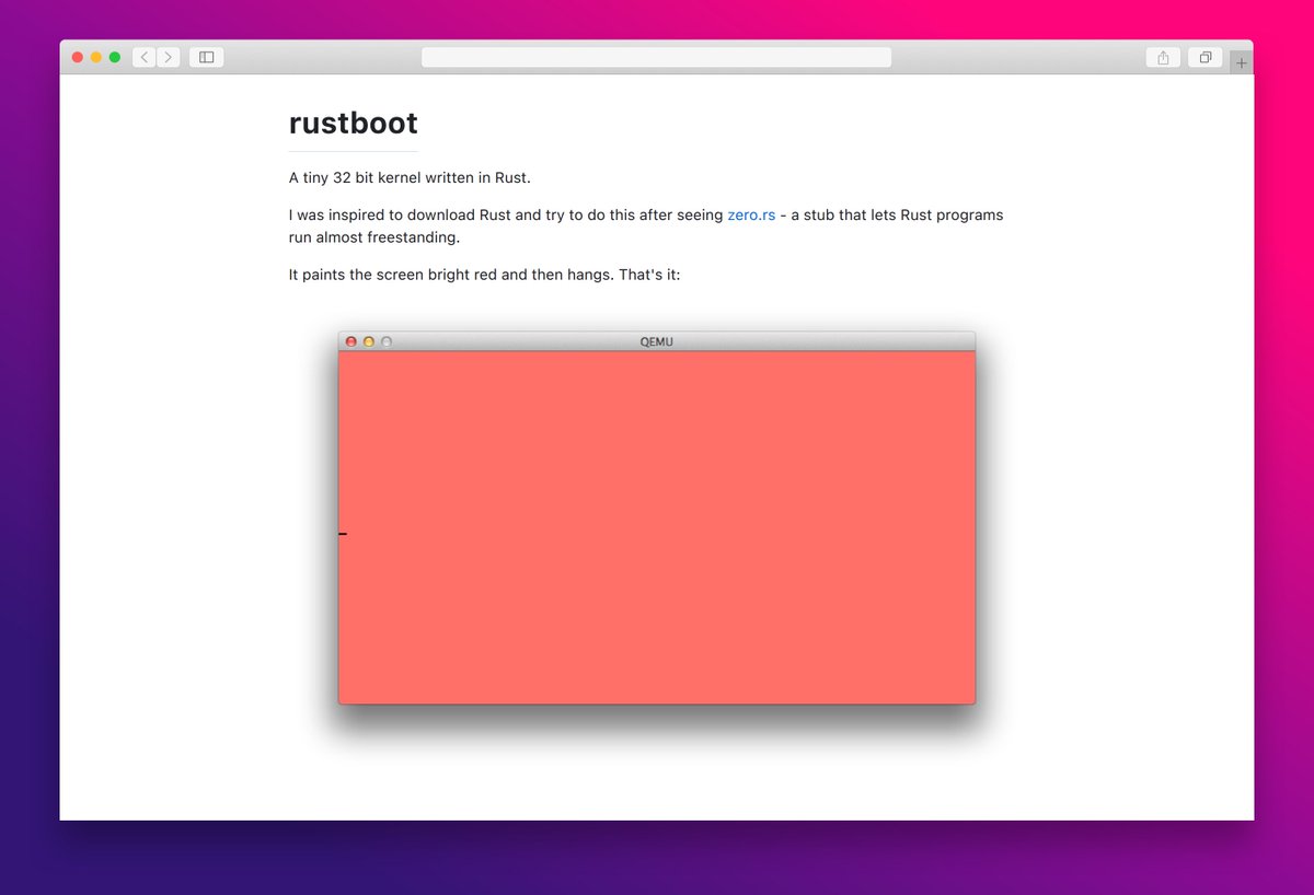 essamamdani's tweet image. rustboot
A tiny 32-bit kernel in Rust that paints the screen bright red and halts.
#rust #osdev #kernel