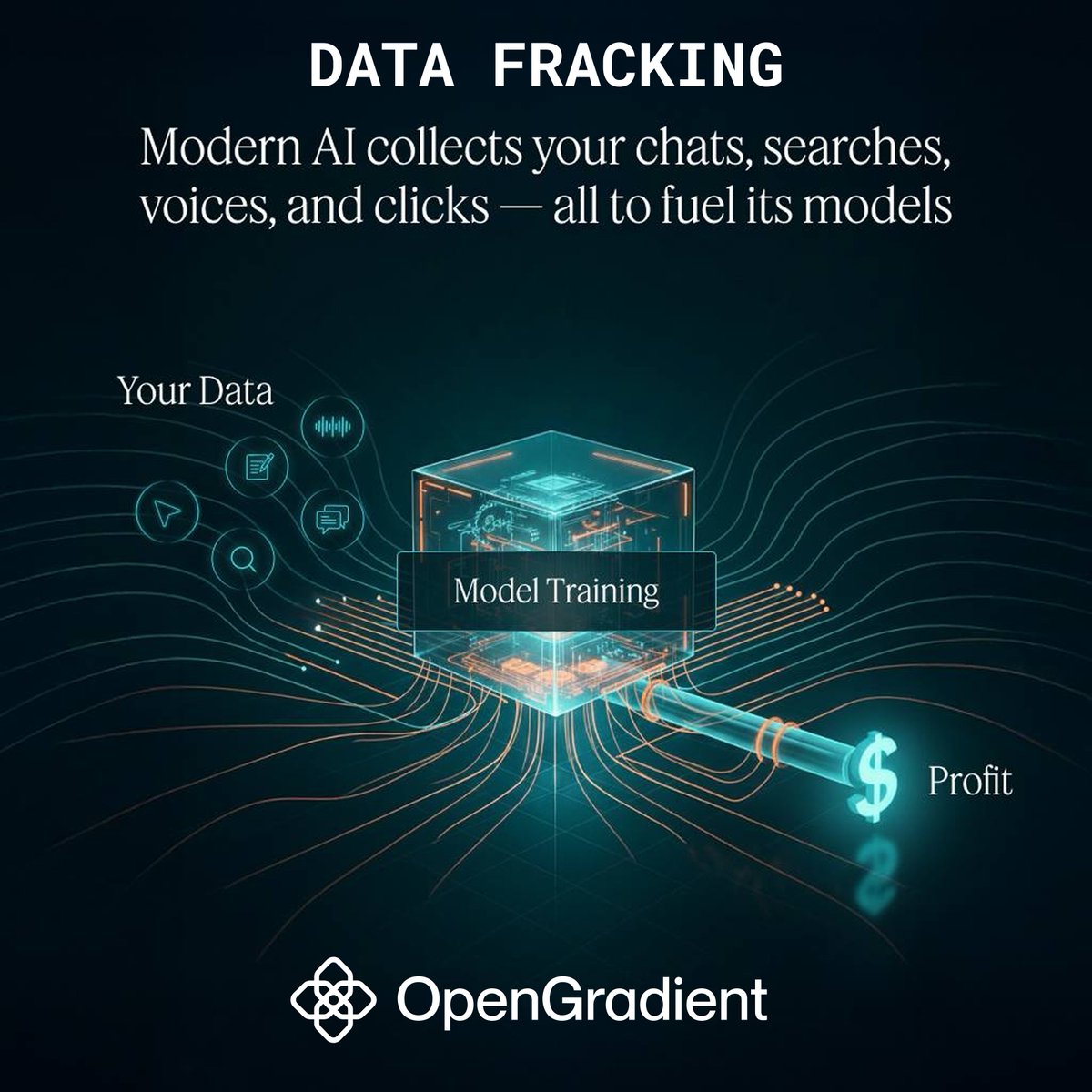 OpenGradient's tweet image. AI learns from everything you do.
But behind that learning is a silent process
→ AI systems extract massive amounts of personal data
→ To train and improve themselves without your consent and at your expense.
It’s called data fracking.
Here’s why it matters to you 🧵
1/6