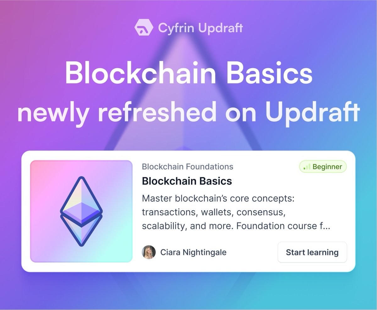 The completely refreshed Blockchain Basics is now live on Updraft 🎉🚀

Study blockchain’s foundations with all new content and share with friends.

Learn core concepts with <a href="/CiaraNightingal/">Ciara Nightingale</a> and <a href="/0xjesstech/">Jess | Cyfrin</a>
- Transactions
- Wallets
- Consensus
- Scalability

👇