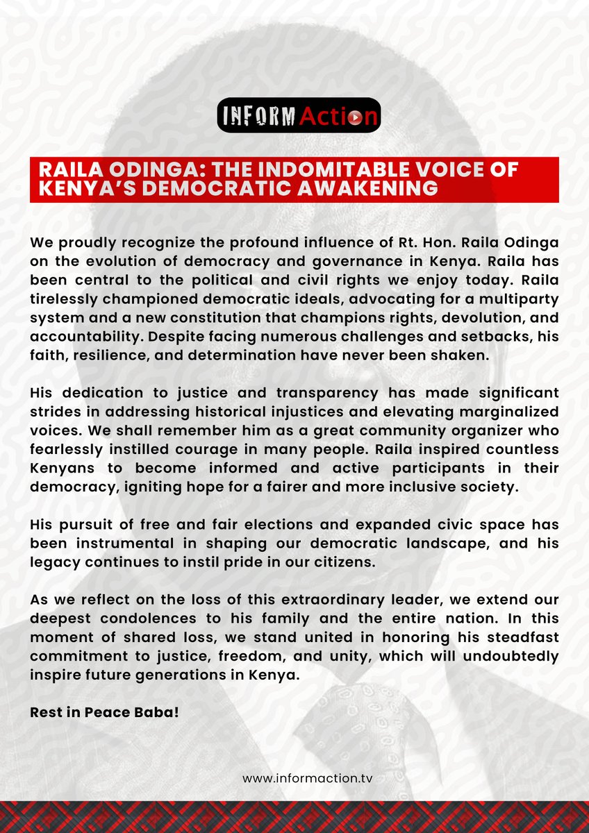 We extend our heartfelt condolences to the family of Rt. Hon. Raila Odinga and to the entire nation.

In this moment of collective grief, we honor his lifelong dedication to justice, freedom, and unity, a legacy that will continue to inspire generations of Kenyans.
#RIPBaba