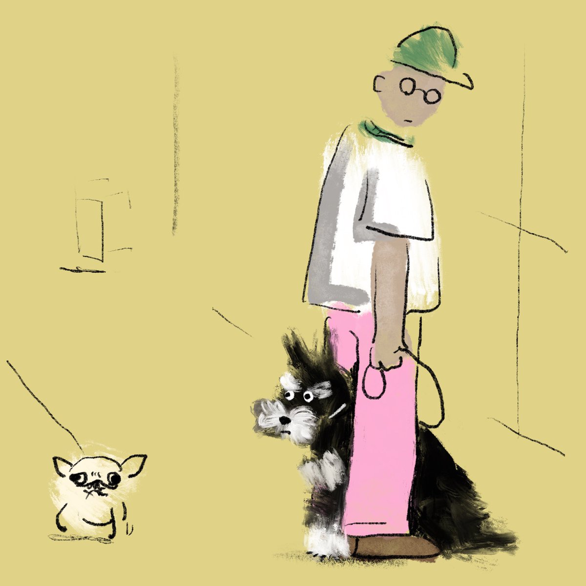 スケッチ 飼い主さんの足の間から他の犬を観察する犬