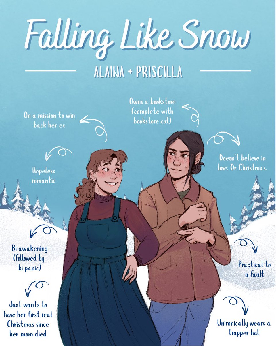 Meet Alaina and Priscilla, coming to a bookshelf near you next fall! Thank you to <a href="/corvophobia/">amber!</a> for bringing these two to life so beautifully 🥰

FALLING LIKE SNOW is a cozy holiday romance about finding joy again after loss, coming Fall 2026 from The Dial Press.