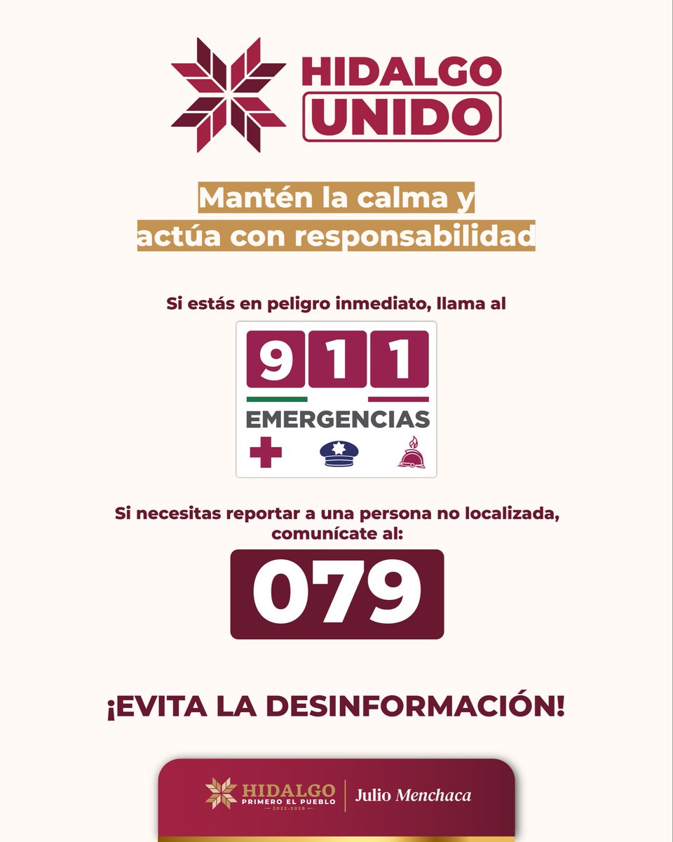 puntoporpuntomx's tweet image. ⭕️|| 🚨Utiliza los números de emergencia con responsabilidad.
☎️Marca al 911 si te encuentras en peligro o comunícate al 079 para reportar a personas no localizadas por las lluvias.
#HidalgoUnido