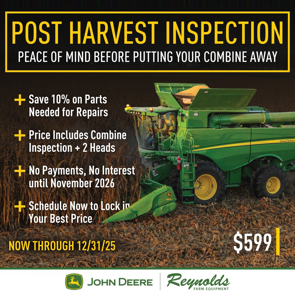 Get two heads inspected for FREE with your combine inspection PLUS 10% OFF parts needed for repairs. Lock in your best price before December 31, 2025. Book your inspection using the link below.

bit.ly/42LKLAZ