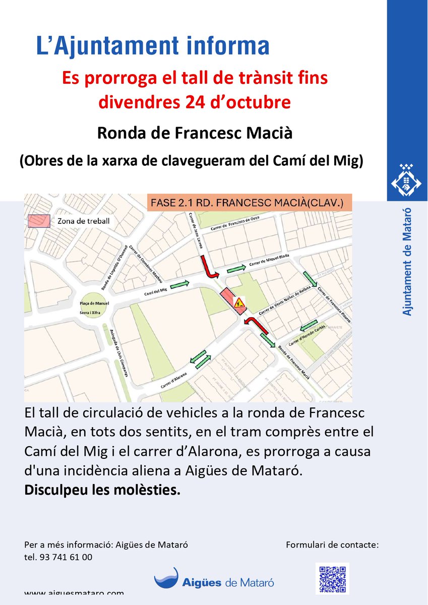 aiguesmataro's tweet image. 🚧 El tall de trànsit a rda. de Francesc Macià (tram Camí del Mig - c. d’Alarona) es prorroga fins al 24 d'octubre. 🚧
🛠️ Motiu: Renovació del clavegueram i la xarxa d’aigua.
Gràcies per la vostra comprensió. 👩🔧
Consulta les afectacions ➡️ bit.ly/ObresCMig
@matarocat