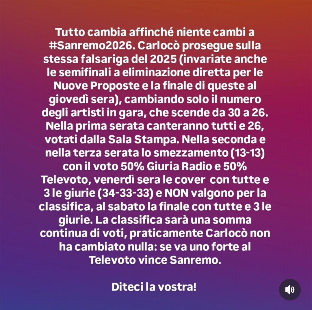 HABEMUS REGOLAMENTO DI #SANREMO2026

Ulteriori note oltre a quelle già indicate:
1) Il limite di data per la presentazione delle candidature in gara è fissato per il 17 novembre 2025;
2) Gli ospiti della serata cover possono essere ospiti anche nelle altre serate del Festival;
3)