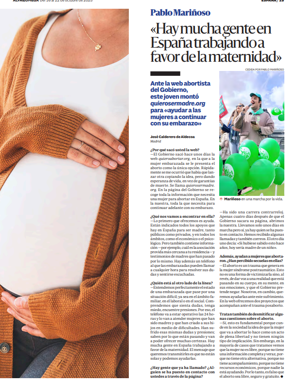 «Hay mucha gente en España trabajando a favor de la maternidad. Por eso el mensaje que queremos transmitir a las mujeres embarazadas es que no están solas y podemos ayudarlas».

Explicamos hoy en <a href="/alfayomegasem/">Alfa y Omega</a> la utilidad de nuestra plataforma, que pretende sumar y ayudar 🙌🏽